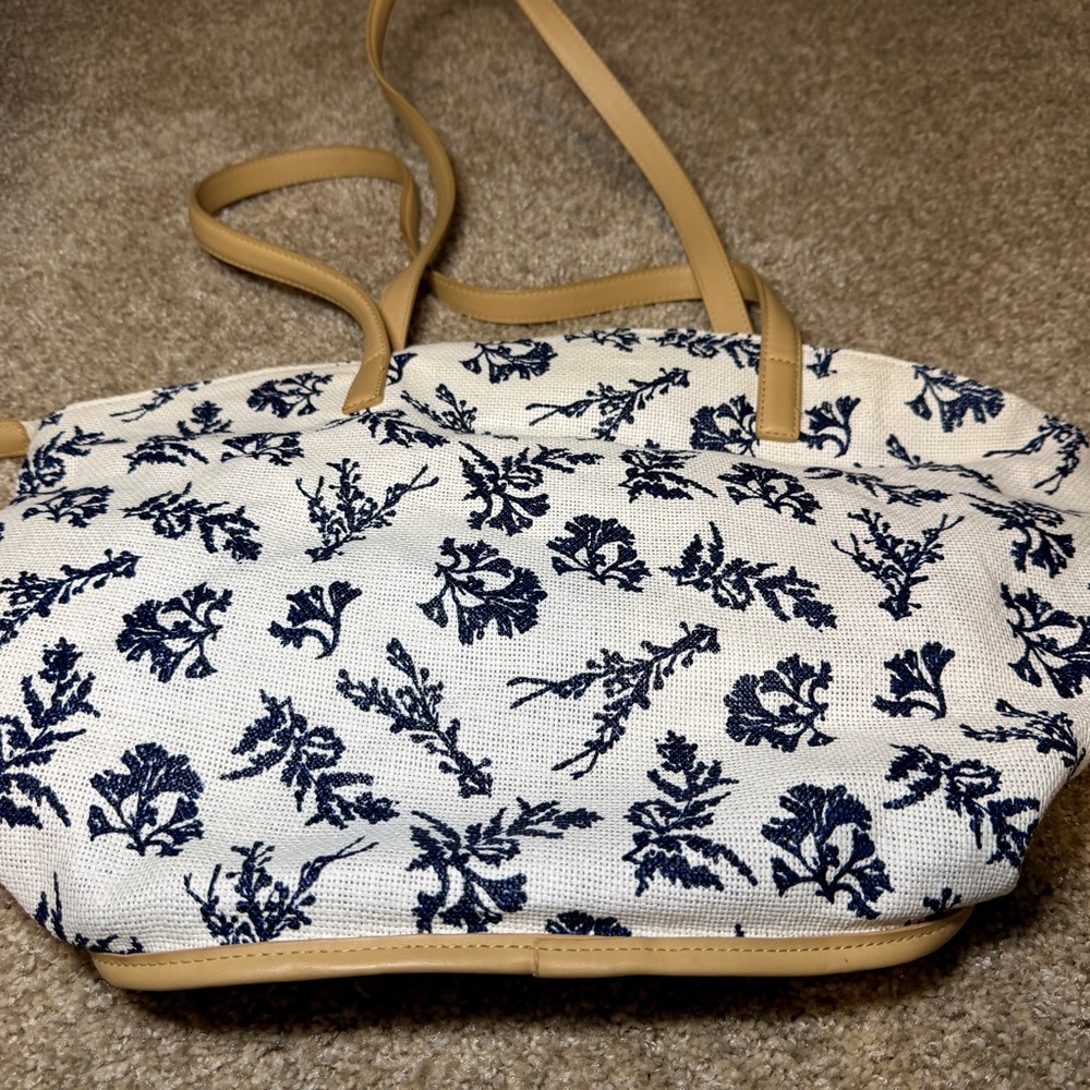 Vera Bradley Straw Tote Bag Adrift Coral Blue Pattern Interior Pockets